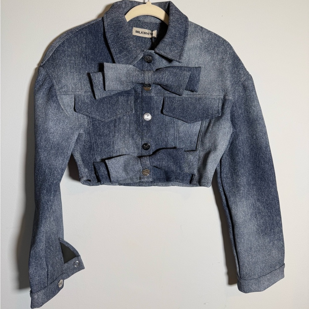 Milkwhite Denim Optic Cropped Bow Jacket NWT $257 Statement‎ M